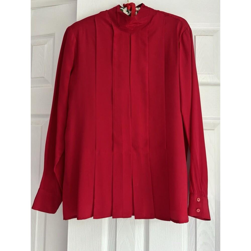 VTG 80’s Casual Corner 100% Silk Red Pleated Secretary Blouse Preppy Collegiate